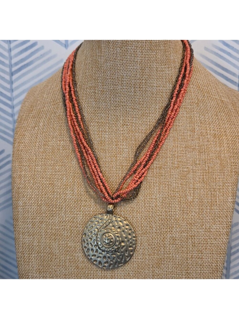 Erica Lyons 22" Pink Beaded Multistrand Necklace Gold Tone Disk Pendant